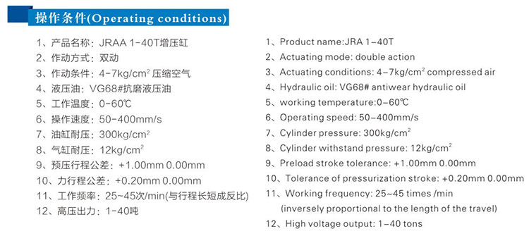 jraa水平安装型气液增压缸操作条件