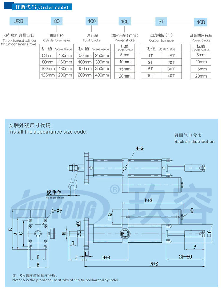 力行程可调气液增压缸订购尺寸代码